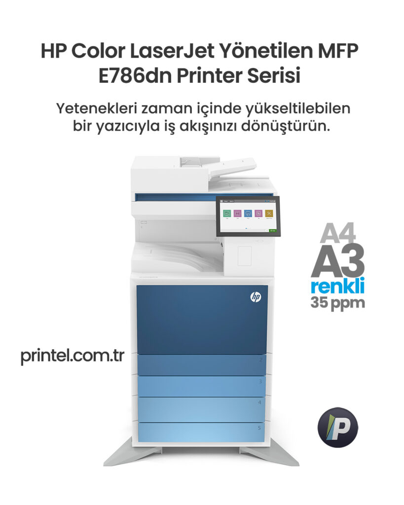 HP Color LAserJet MFP E786dn çok fonksiyonlu lazer yazıcıyı tanıtan bir sosyal medya görseli