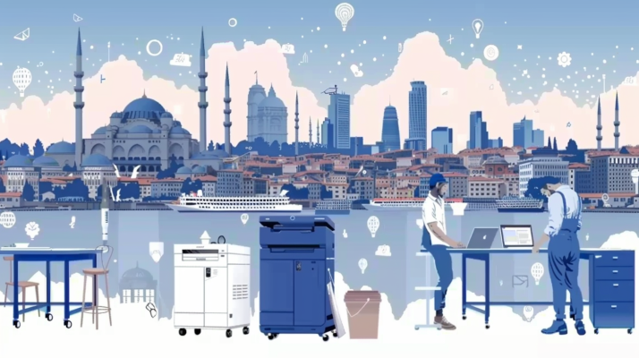 Create a detailed 2D illustration of a modern office setting in Istanbul. Show a Lexmark printer and a photocopier in the foreground with a professional technician providing maintenance. Include elements like tools, diagnostic equipment, and technical manuals around the devices. Show a customer support agent at a desk providing remote assistance, with a window view of Istanbul's skyline in the background. The scene should emphasize technical support, efficiency, customer satisfaction, and a professional working environment. Use clear lines, realistic details, and a balanced color palette to convey a corporate and reliable atmosphere.